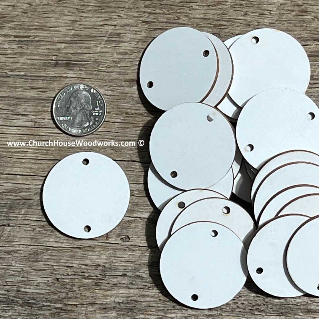1.5 inch white wood laser cut blank circles with TWO holes