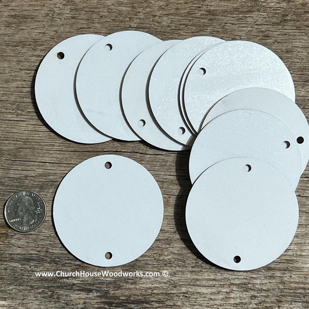 2.5 inch white wood laser cut blank circles with TWO holes