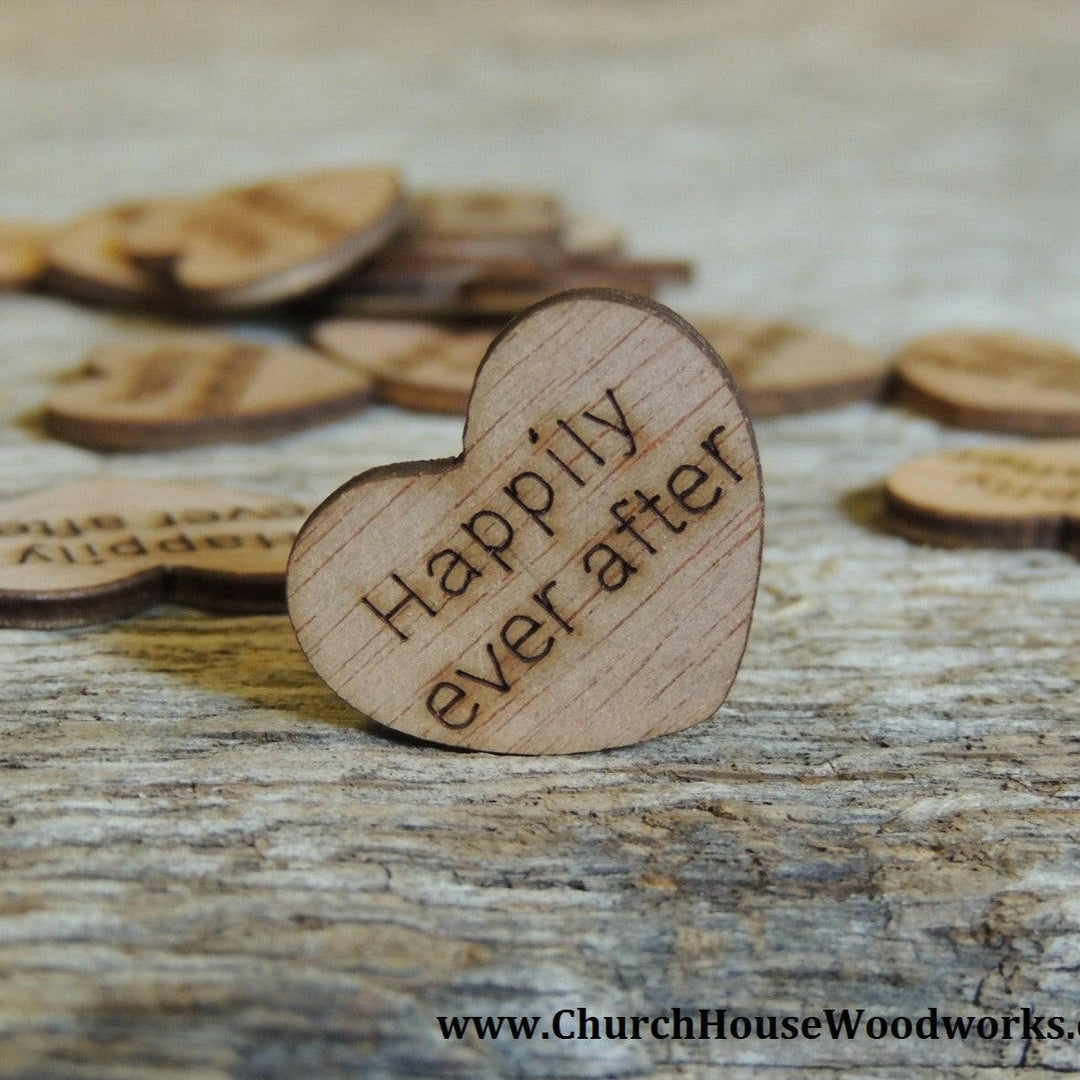 100 unfinished “Happily Ever After” wood hearts for wedding table scatter