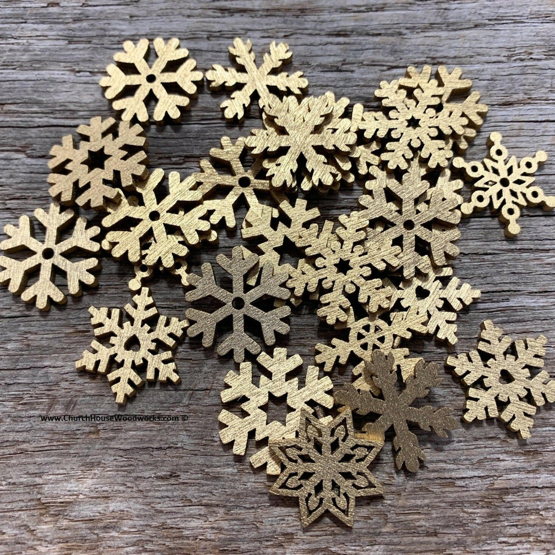 Gold wood christmas snowflake shapes by Church House Woodworks
