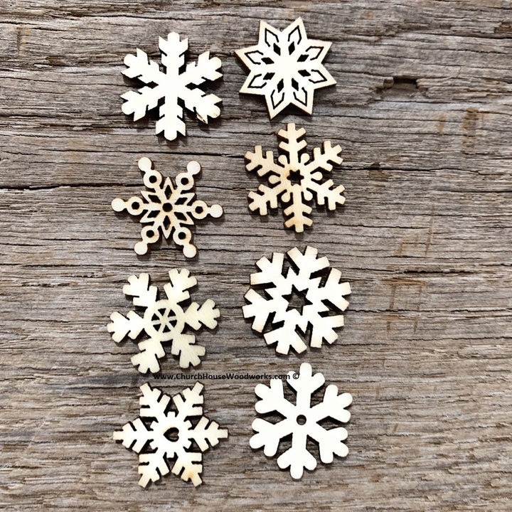 Gold wood christmas snowflake shapes by Church House Woodworks