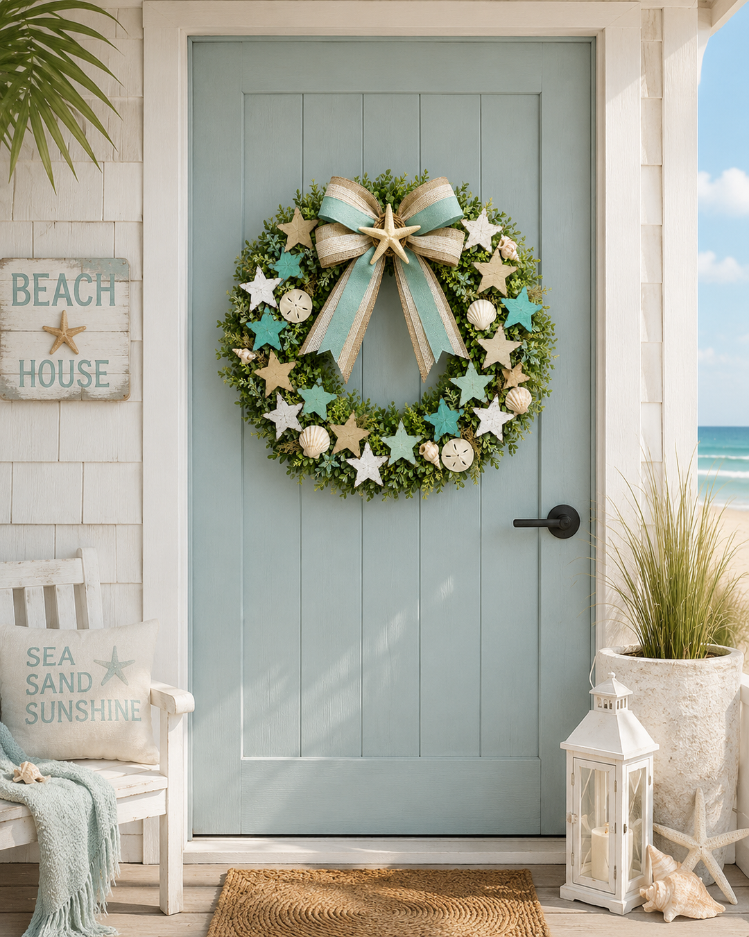 Easy Coastal Beach Wreath Using Wooden Stars by ChurchHouseWoodworks.com