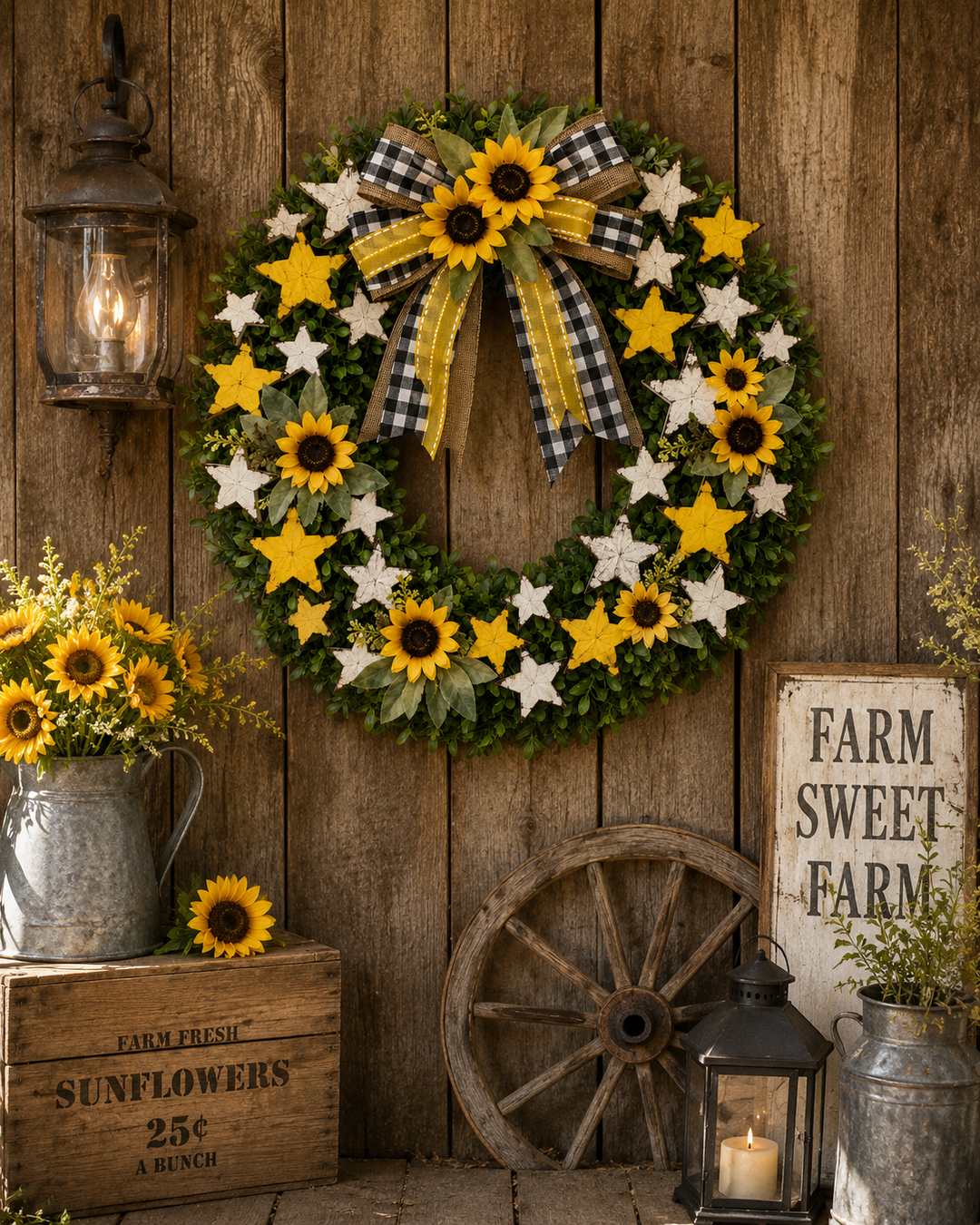 Easy Farmhouse Sunflower Wreath Using Wooden Stars