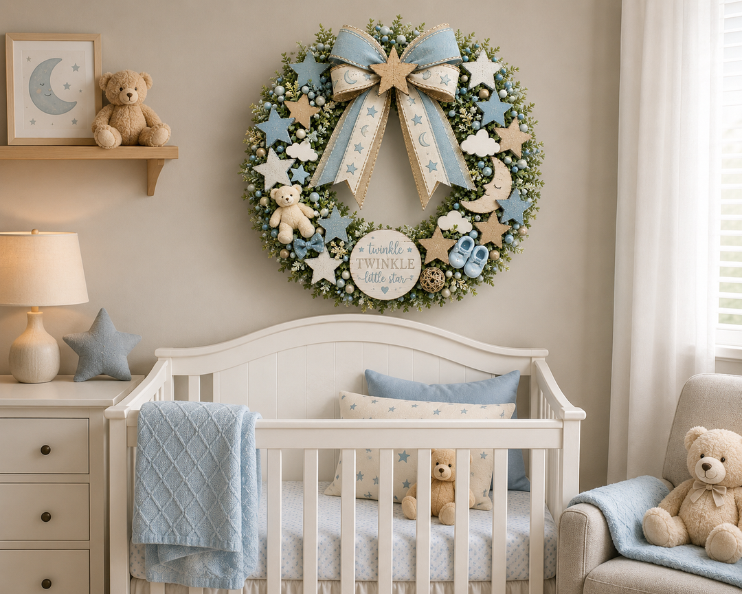 Twinkle Twinkle Little Star Baby Shower Wreath DIY by ChurchHouseWoodworks.com