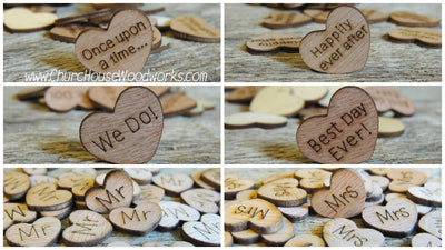 Wood Heart Wedding Confetti- Mr., Mrs, I Do, We Do, Bride, Groom, Happily Ever After, Once Upon A Time, Best Day Ever by Church House Woodworks. Great for Rustic Weddings, Barn Weddings, Farm Weddings, Country Weddings, Shabby Chic Weddings