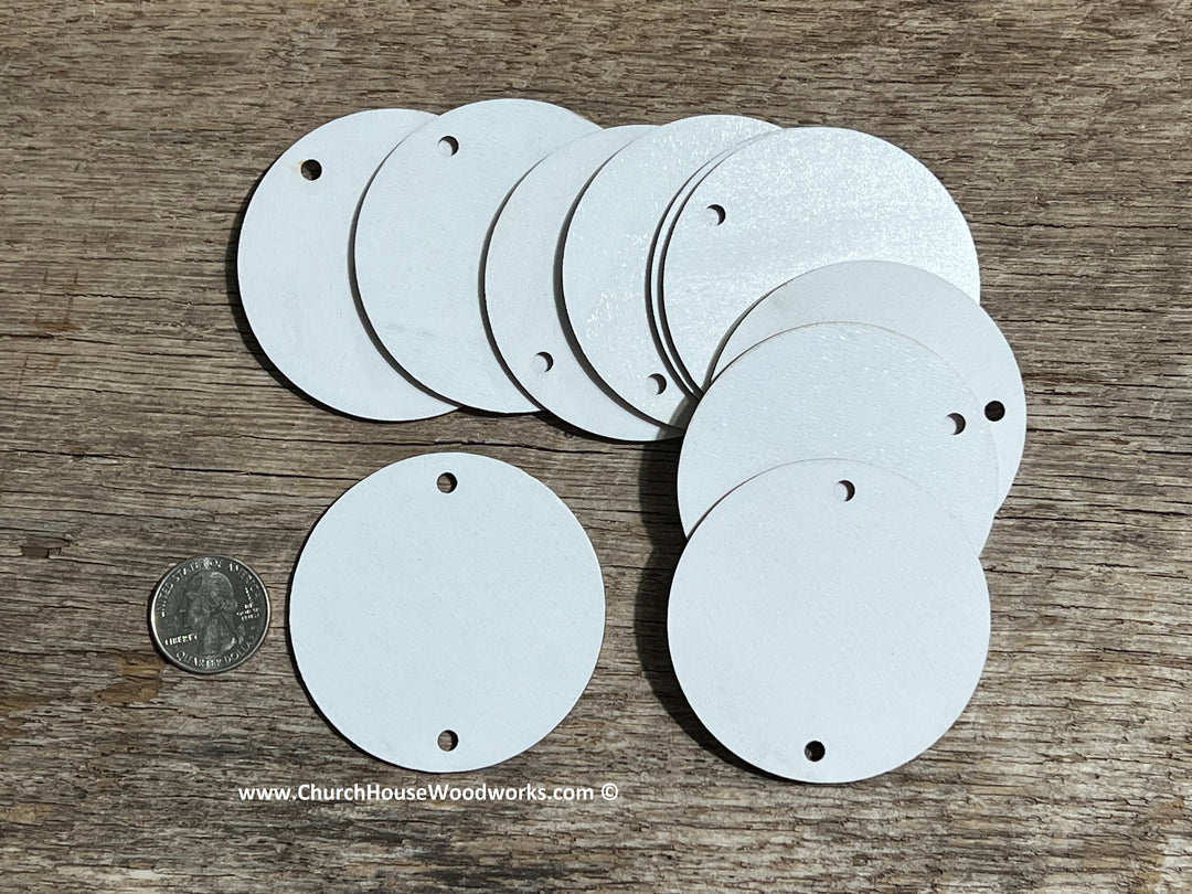 2.5 inch white wood laser cut blank circles with TWO holes