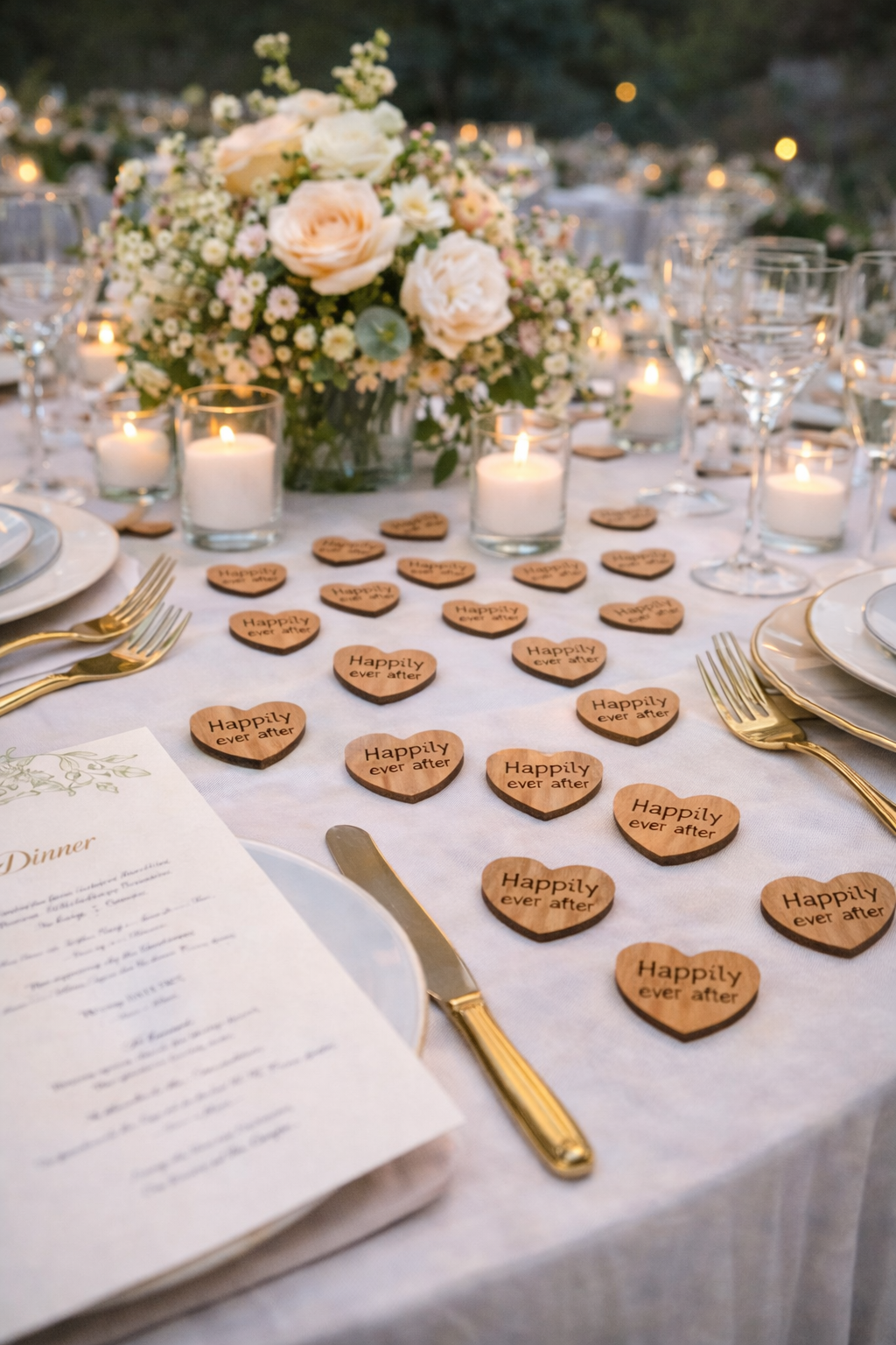 “Rustic 1-inch wooden heart favors engraved ‘Happily ever after’ scattered on a wedding table.”