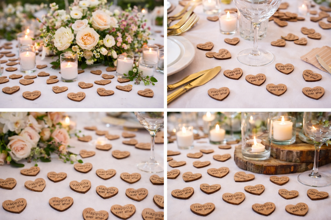 “Small 1-inch wooden heart table scatter engraved with ‘Happily ever after’ at a wedding reception.”
