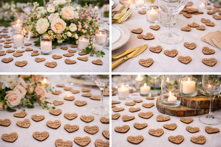 “Small 1-inch wooden heart table scatter engraved with ‘Happily ever after’ at a wedding reception.”