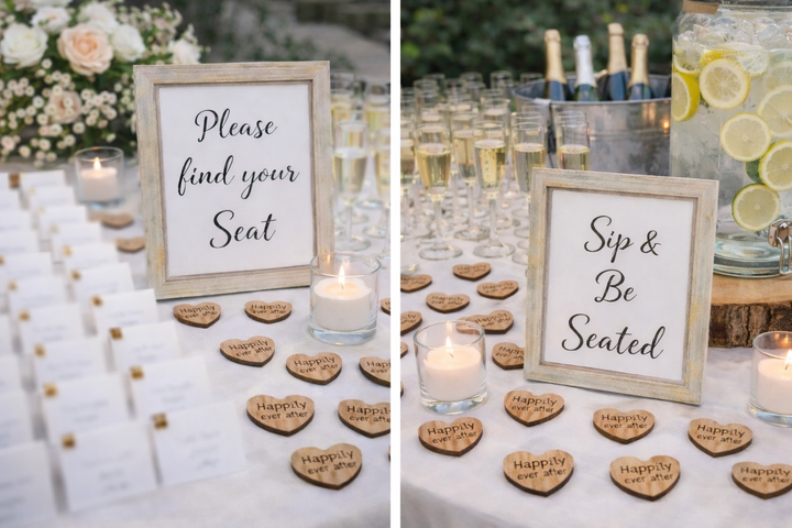 “Close-up of small engraved wooden hearts reading ‘Happily ever after’ used for wedding décor.”