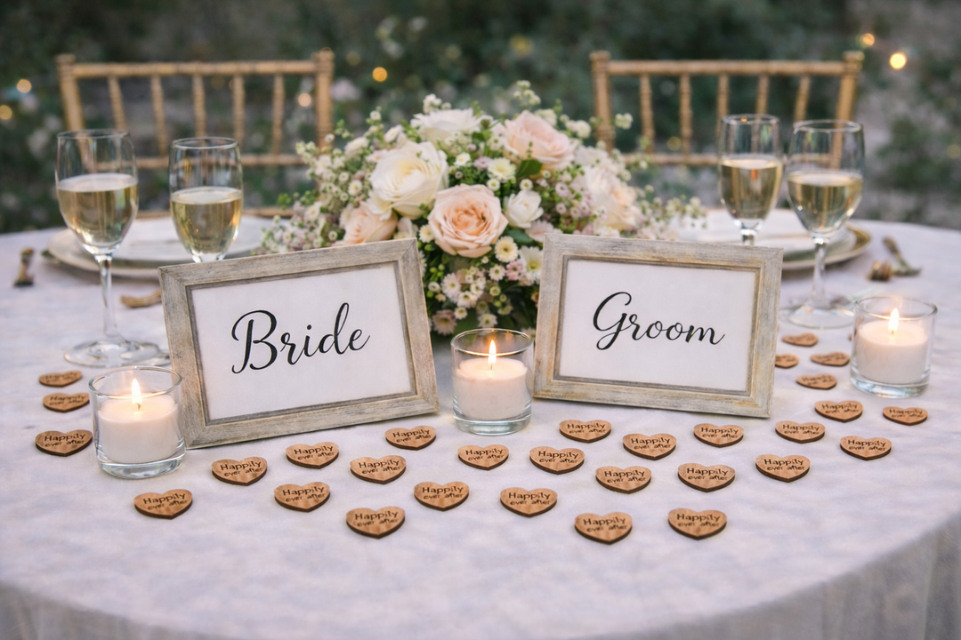 “Close-up of small engraved wooden hearts reading ‘Happily ever after’ used for wedding décor.”