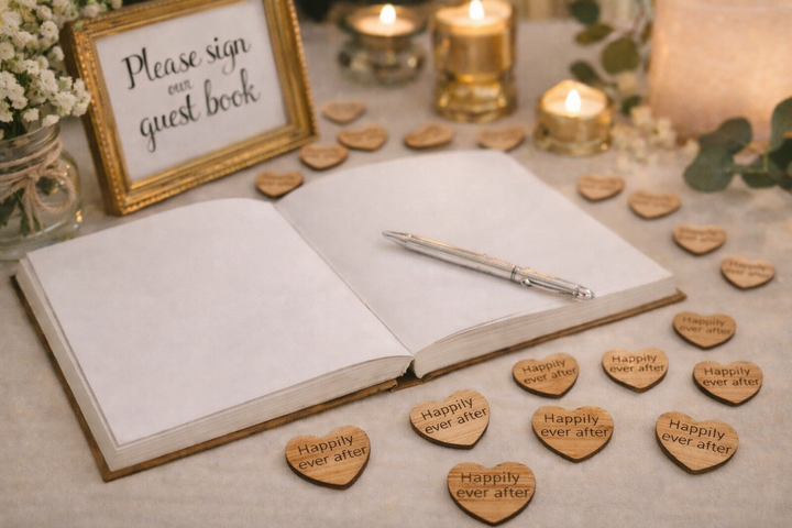“Engraved wooden heart wedding table scatter shown beside guest book and candles.”
