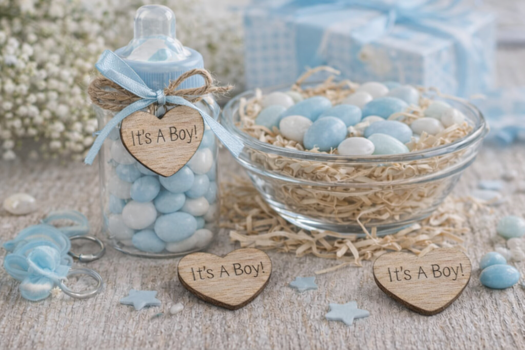 Baby shower decorations with blue candies, 'It's a Boy!' signs, and a pacifier.