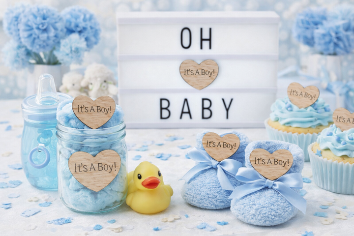 Baby shower decorations with 'It's a Boy!' signs, blue jars, socks, and a duck toy on a light background.