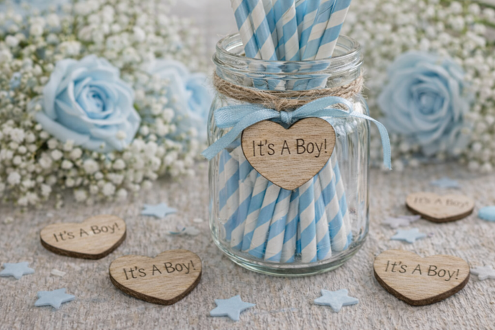 Jar with blue and white striped straws, heart-shaped 'It's a Boy!' signs, and flowers in the background.