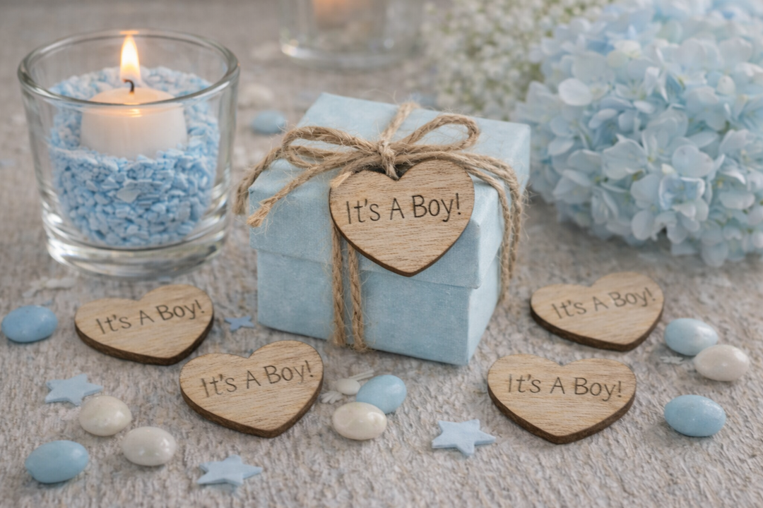 Baby shower decorations with 'It's a Boy!' signs, candles, and flowers on a neutral background.