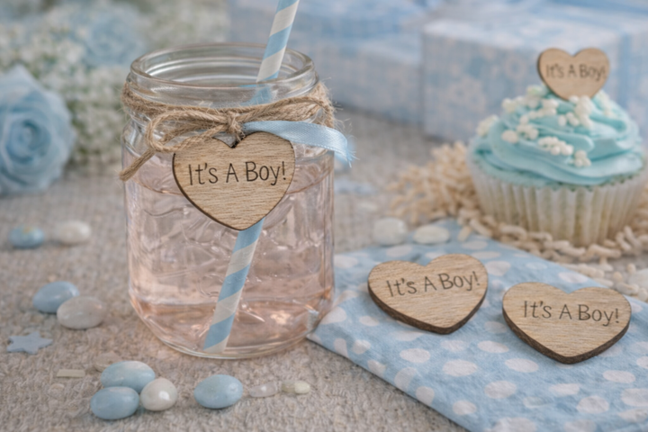 Decorative setup with 'It's a Boy!' signs, a jar, and a cupcake on a blue polka dot cloth.