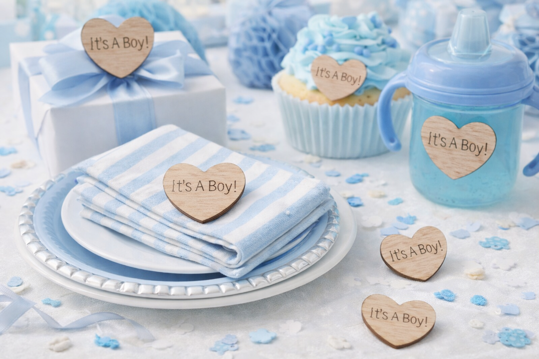 Baby shower decorations with 'It's a Boy!' signs on blue and white items.