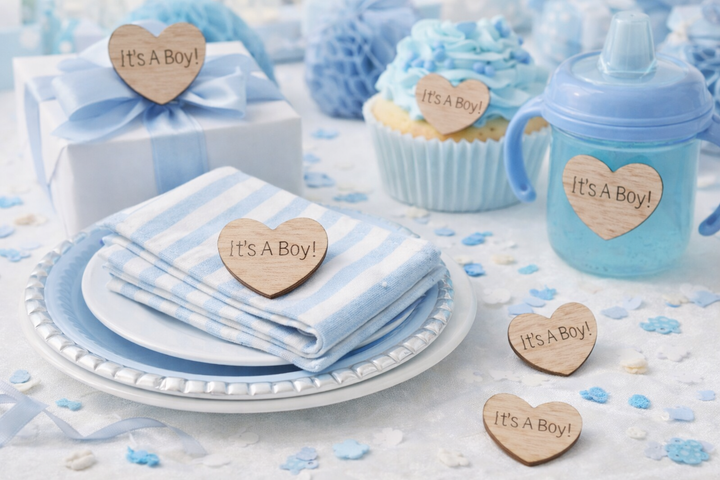Baby shower decorations with 'It's a Boy!' signs on blue and white items.