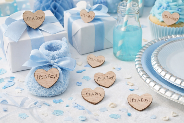 Baby shower decorations with 'It's a Boy!' signs, blue baby bootie, and gift boxes.