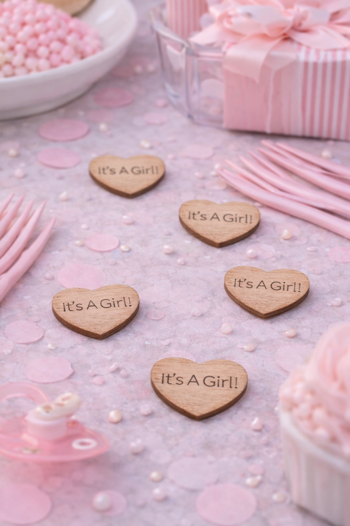 Wooden heart-shaped decorations with 'It's a Girl!' text on a pink surface with baby shower elements.
