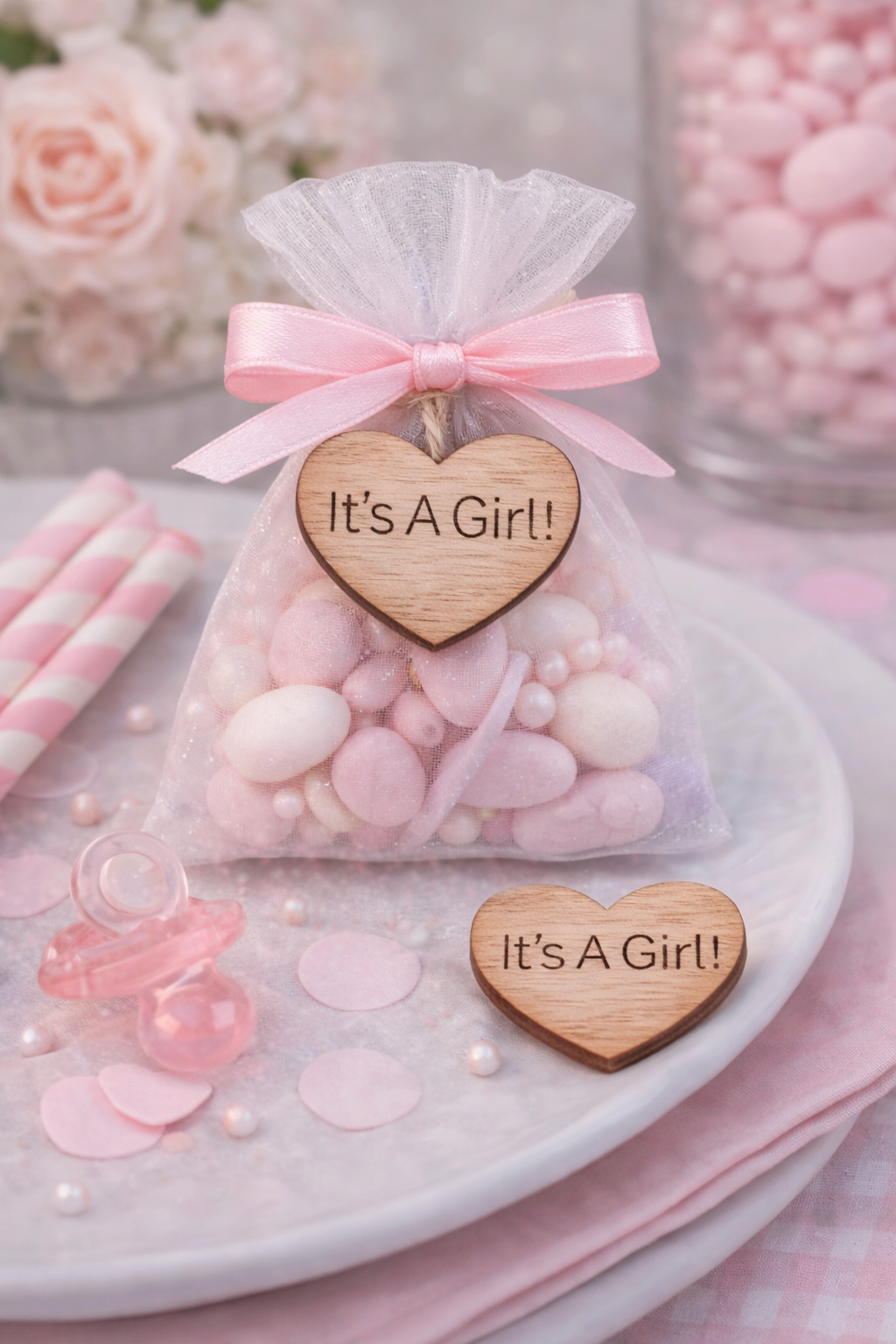 Pink baby shower favor bag with 'It's a Girl!' heart tag on a pink background