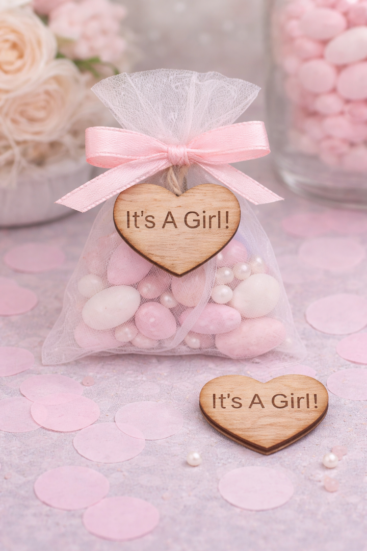 Pink candy bag with 'It's a Girl!' heart-shaped wooden tag on a pink background