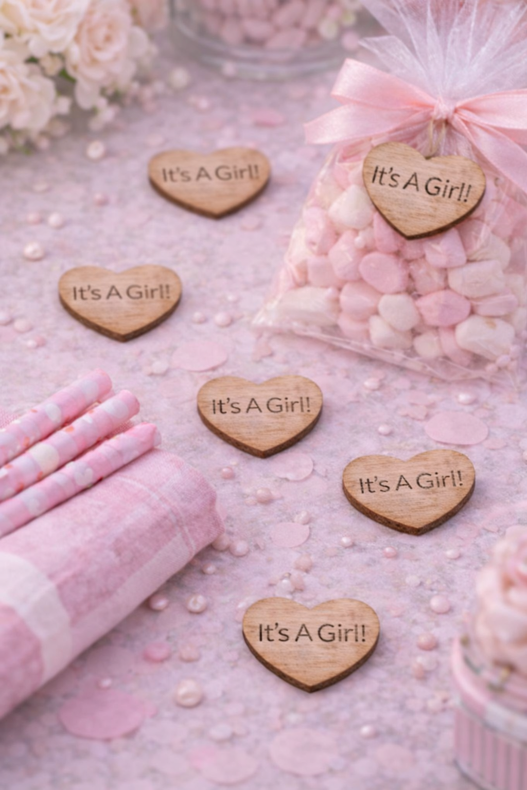Wooden heart-shaped decorations with 'It's a Girl!' text on a pink surface.
