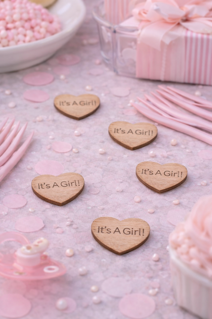 Wooden heart-shaped signs with 'It's a Girl!' text on a pink-themed background