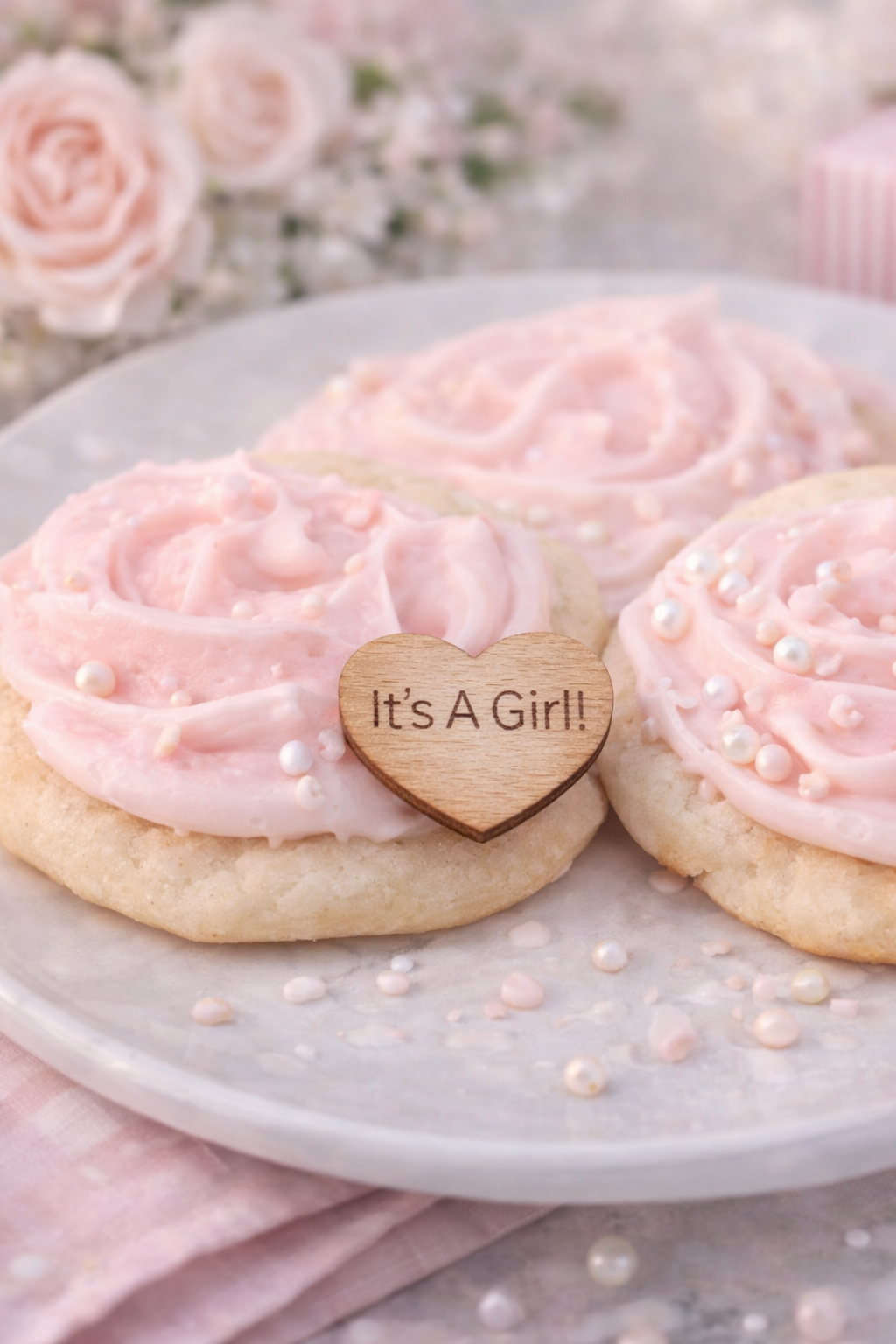 Pink frosted cookies with a heart-shaped 'It's A Girl!' sign on a plate with a soft, blurred floral background.