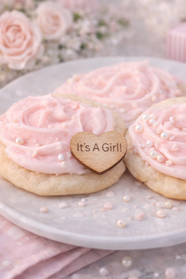 Pink frosted cookies with a heart-shaped 'It's A Girl!' sign on a plate with a soft, blurred floral background.