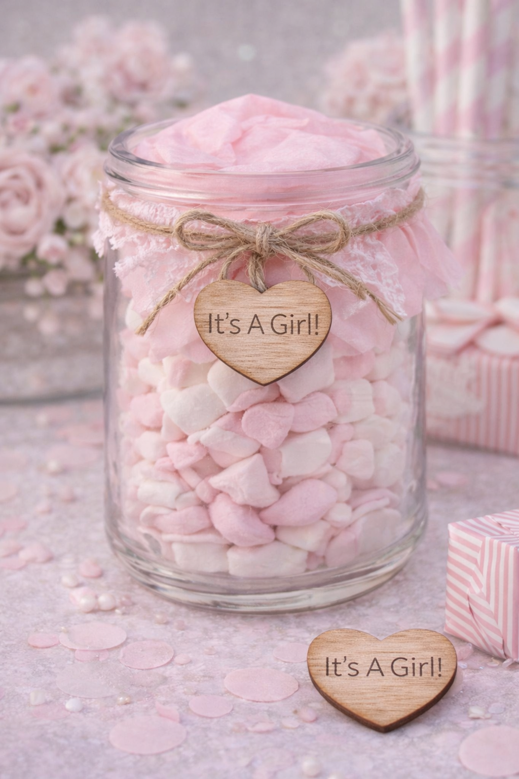Glass jar filled with pink candy and a 'It's a Girl!' heart tag, surrounded by pink flowers and candy.