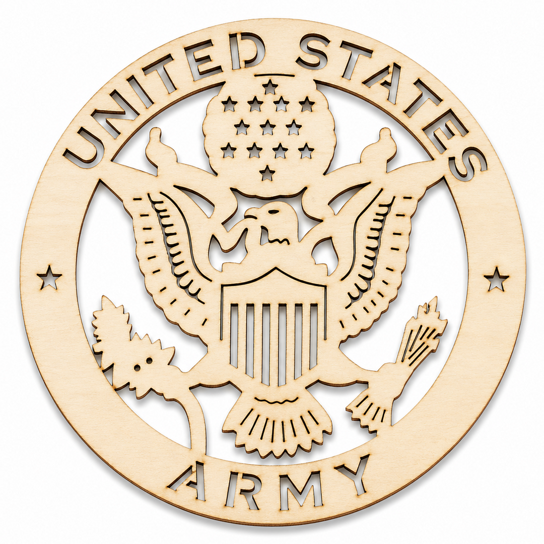 Wood US ARMY Military Emblems cutout shapes that are laser cut for diy painting and crafting by ChurchHouseWoodworks.com