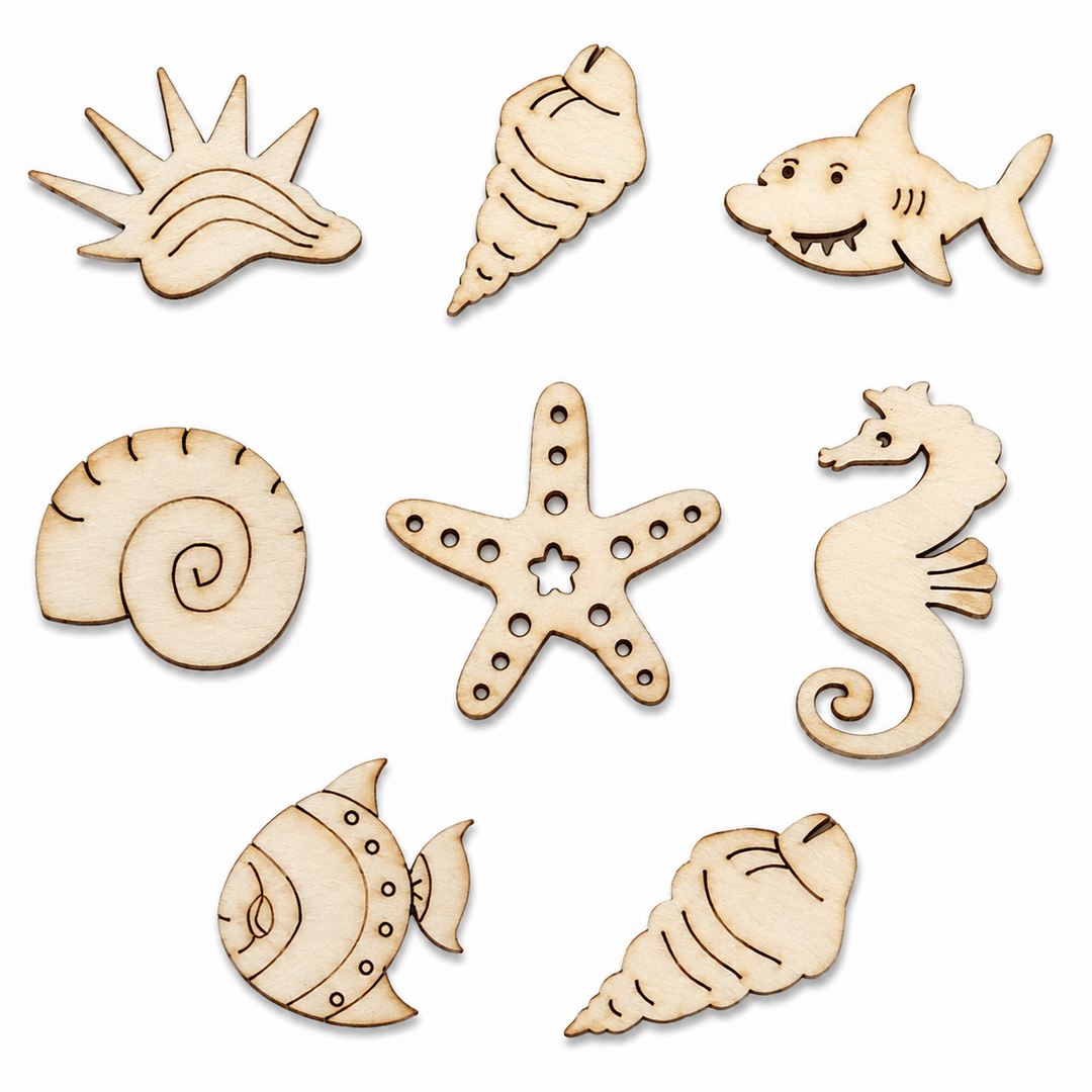 Under the sea wood shapes laser cut out craft shapes to paint on for diy. Shark, Starfish, Seashell, Fish, by ChurchHouseWoodworks.com