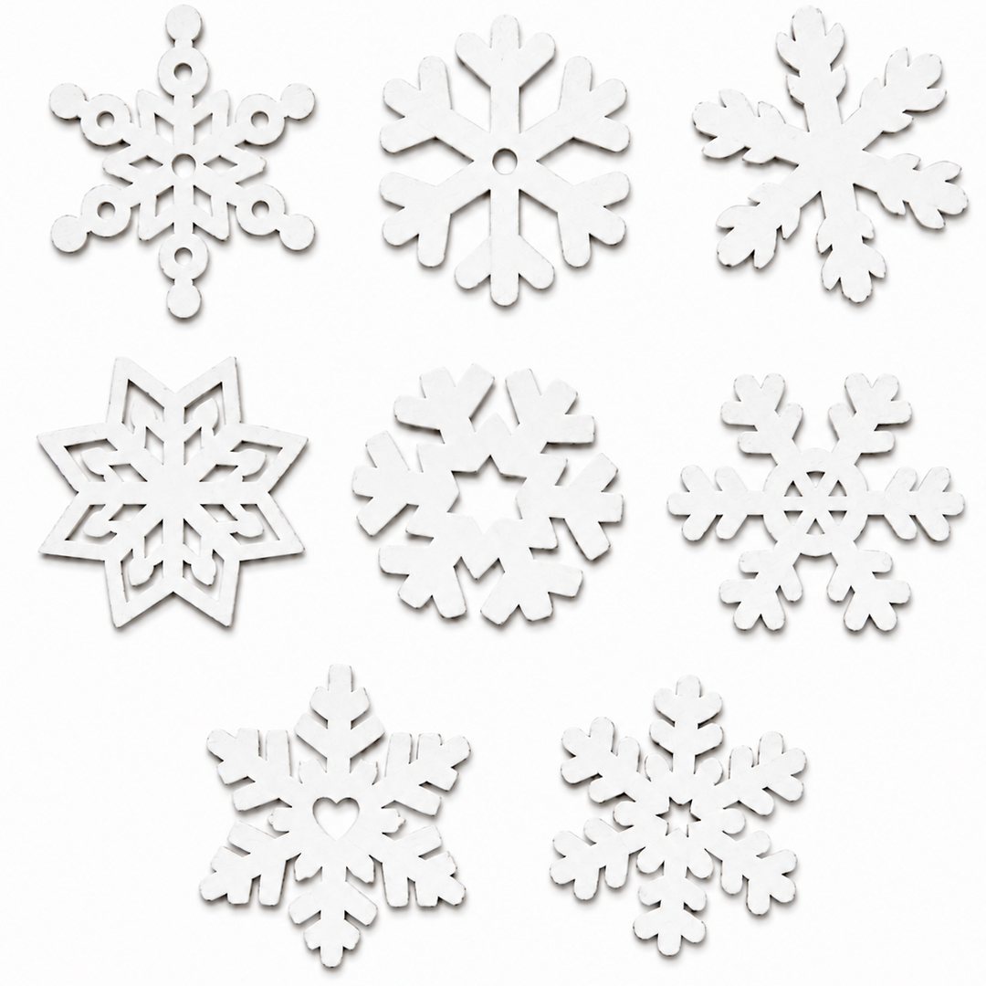 White Wood Snowflakes Mini Christmas Ornaments to dlollhouse making and miniatures or adding to a DIY Christmas wreath or Christmas tree by ChurchHouseWoodworks.com