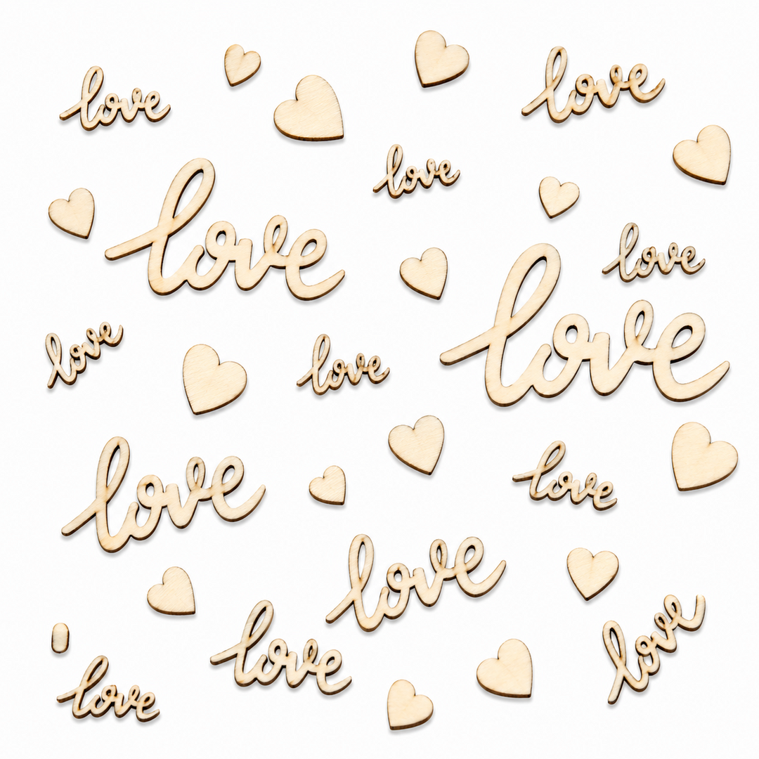 Wood Love Cursive Words and Hearts cutout shapes laser cut for diy crafting to paint on. Wedding table decorations by ChurchHouseWoodworks.com