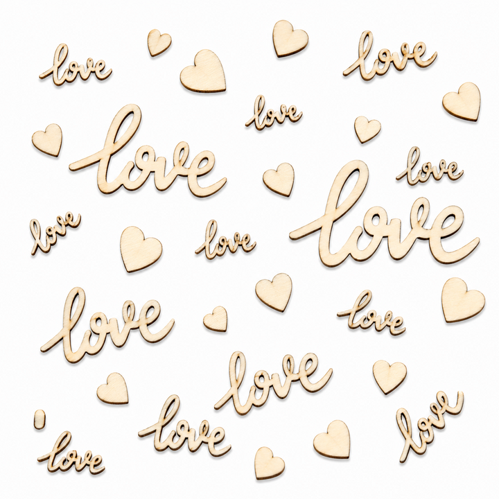 Wood Love Cursive Words and Hearts cutout shapes laser cut for diy crafting to paint on. Wedding table decorations by ChurchHouseWoodworks.com