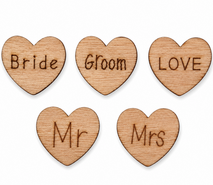 Wood hearts that say Bride, Groom, Love, Mr and Mrs. for wedding showers, bridal showers, parties, and more!!