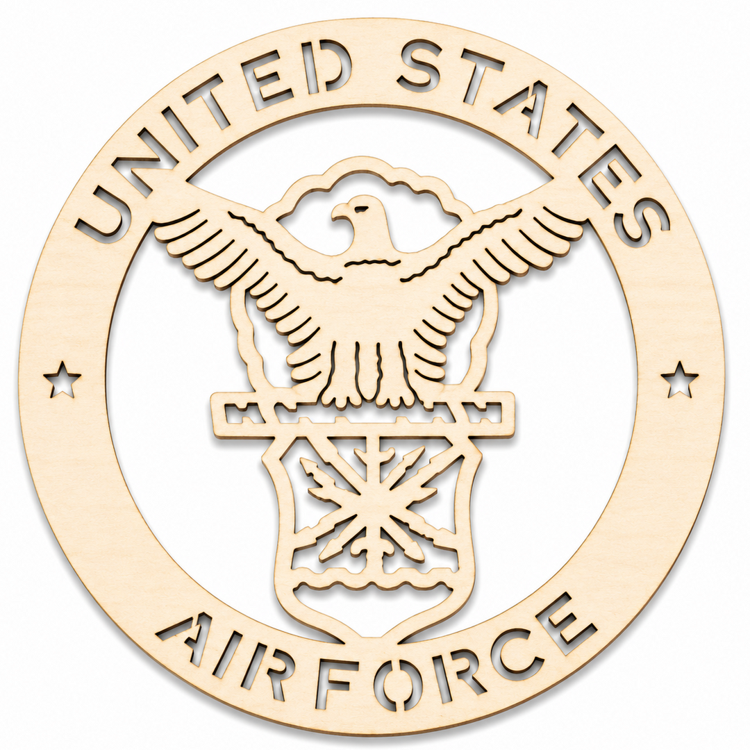 Wood US AIR FORCE Military Emblems united states cut out shapes laser cut for diy crafting and painting on by ChurchHouseWoodworks.com