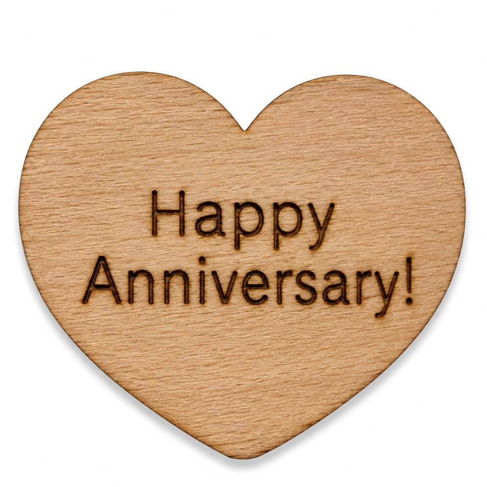 Wood heart shapes with the word Happy Anniversary on it 