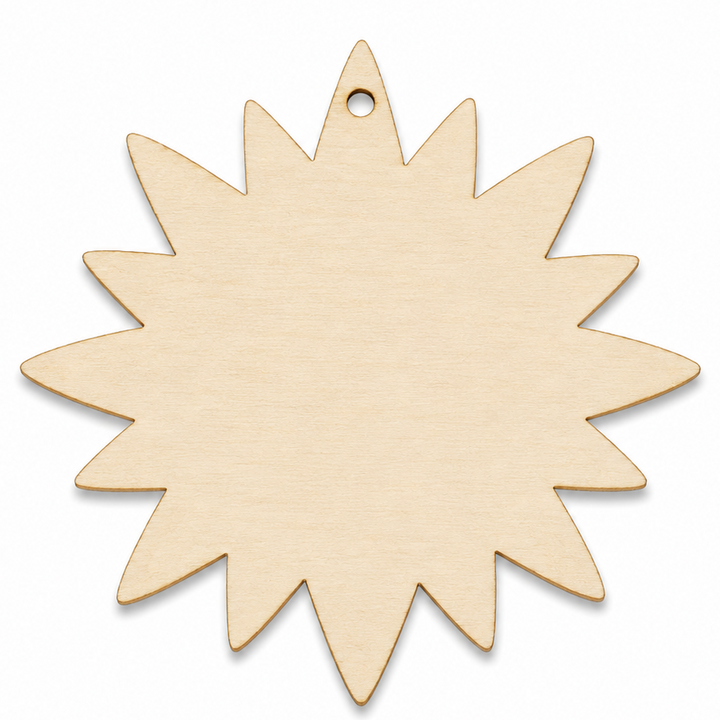 Wood shape laser cutout of a sun or flower or star to make diy earring blanks to craft with or to paint on by ChurchHouseWoodworks.com. 