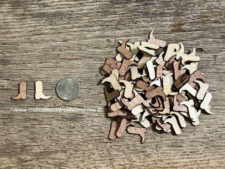 100 small 1 inch laser cut wood cowboy boot shapes