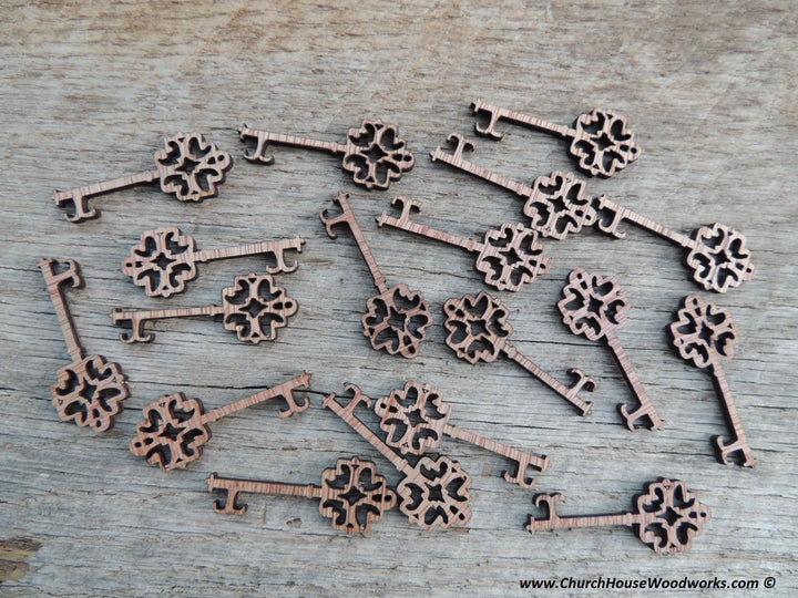 Wood skeleton keys for diy crafting projects by ChurchHouseWoodworks.com. Laser cut wood shape cutouts.