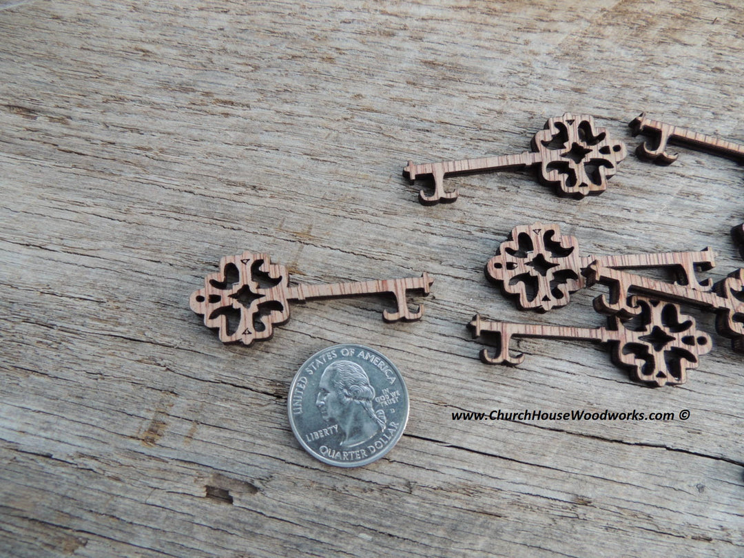 Wood skeleton keys for diy crafting projects by ChurchHouseWoodworks.com. Laser cut wood shape cutouts.