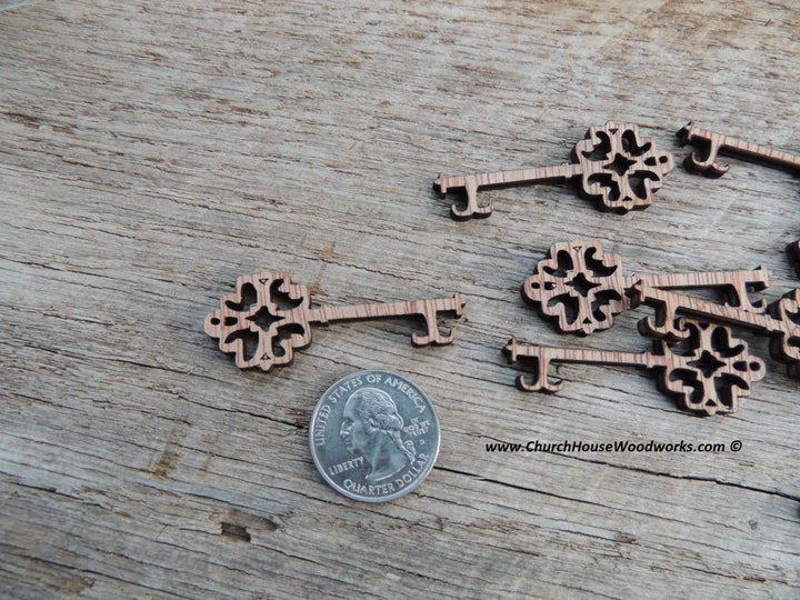 Wood skeleton keys for diy crafting projects by ChurchHouseWoodworks.com. Laser cut wood shape cutouts.