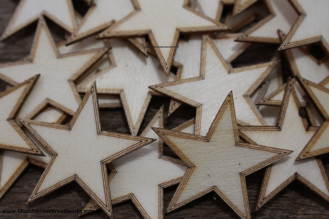 50 qty 1.5 inch Stars with BORDER Tiny Laser Cut Mini Wood Stars 1-1/2 - Rustic Decor - Wooden Stars- DIY Craft Supplies 38mm Wood Flag