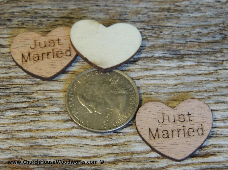 Just Married wood hearts with words on them rustic wedding decor table confetti