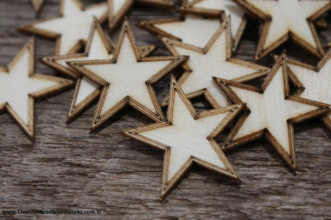 50 qty 1 inch Stars with BORDER Tiny Laser Cut Mini Wood Stars one inch - Rustic Decor - Wooden Stars- DIY Craft Supplies 25mm Wood Flag