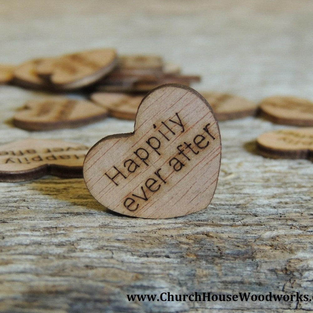 100 unfinished “Happily Ever After” wood hearts for wedding table scatter