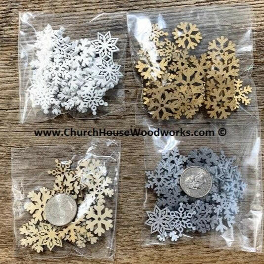 Gold wood christmas snowflake shapes by Church House Woodworks